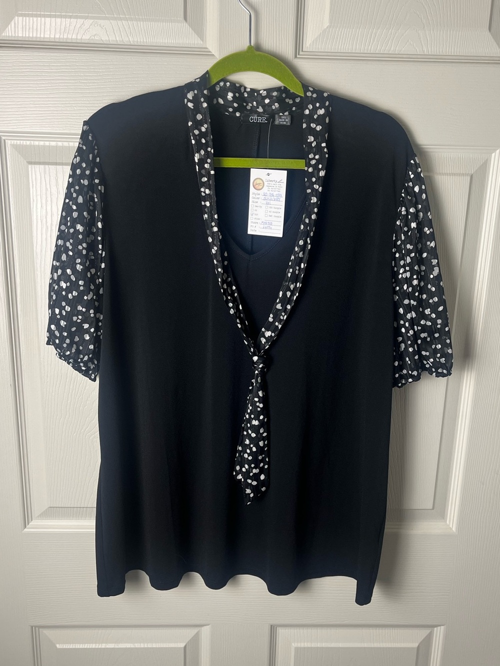 Black Short Sleeve Blouse with White Dot Tie
